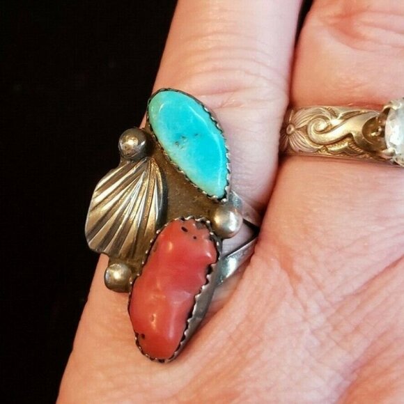 Navajo Turquoise Coral Silver ring, Sz 6-1/2 Vintage - Picture 1 of 10